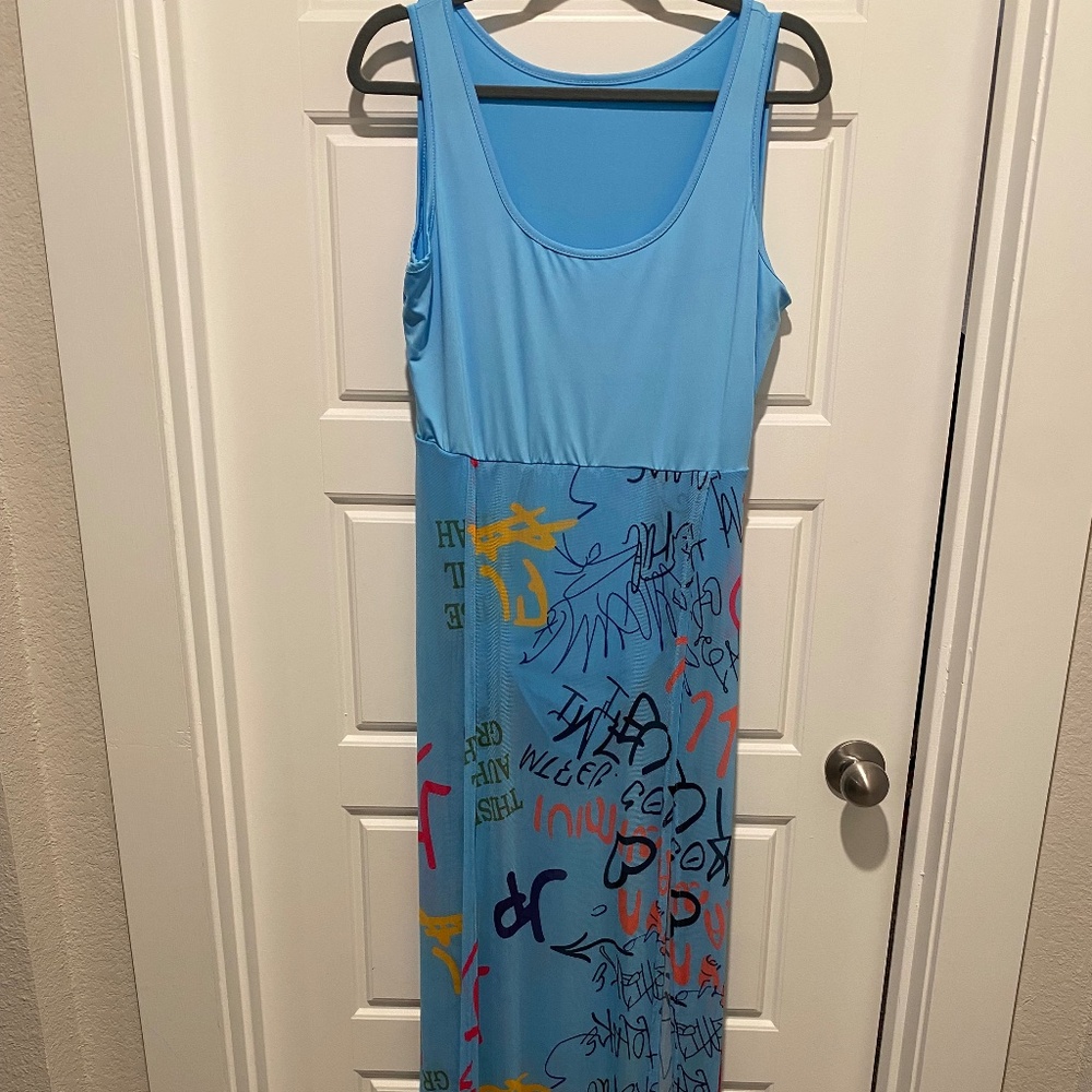 Blue Bodysuit with Attached Sheer Graffiti Maxi Skirt